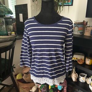 Onque casuals Women's Navy Striped Top with Lace